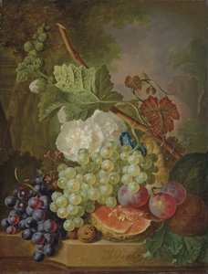Flores, uvas, ciruelas, nueces y un melón en una repisa de piedra de Jan van Os