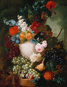 Rosas, Amapolas y Otras Flores en un Florero Esculpido con Frutas, un Ratón y un Nido de Pájaros en un Saliente de Piedra de Jan van Os
