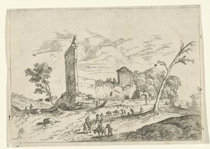 Paisaje con ruinas romanas y pastores de burros de Jan van Ossenbeeck (attributed to)