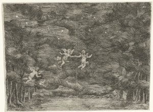 Decoración escénica con ángeles en el cielo nocturno. de Jan van Ossenbeeck