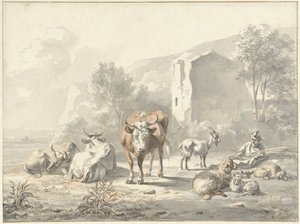 Paisaje con ganado y ruina de Jan van Ravenswaay