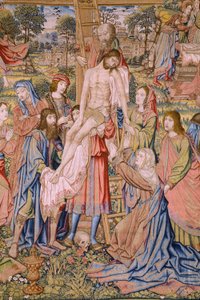 Tapices flamencos. Serie La pasión de Cristo: Descenso de la cruz (Kruisafneming, Descendimiento de la cruz). Fabricación Pieter van Aelst. Dibujante Jan van Roome. Hacia 1507-1520. Detalle.