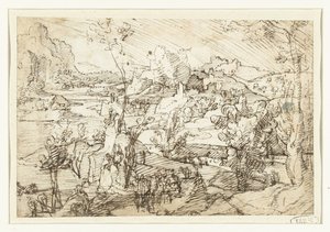 Paisaje con rocas, figuras y un barco de vela de Jan van Scorel (attributed to)