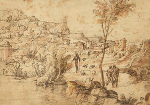 Paisaje con pastores junto a un río y una ciudad más allá (anverso); Estudios de figuras y ruinas romanas (reverso) de Jan van Scorel