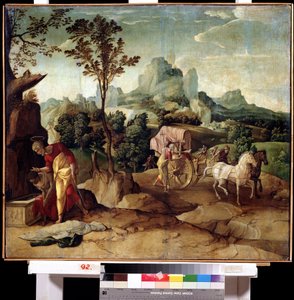 Bautismo (el bautizo). El diácono San Felipe anuncia la fe a un eunuco de la reina de Etiopía y lo bautiza. Pintura de Jan van Scorel (1495-1562). Óleo sobre tabla, 73 x 82 cm. Arte holandés, renacimiento. Museo del Lejano Oriente, Khabarovsk. de Jan van Scorel