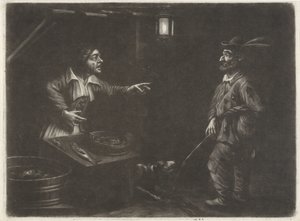 Vista nocturna con vendedor de pescado y hombre orinando de Jan van Somer