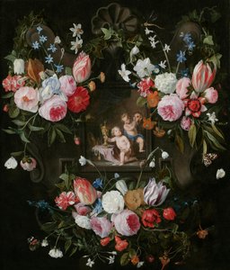Naturaleza Muerta de Flores Alrededor de una Imagen Alegórica de Putti con Objetos Costosos y una Máscara, 1648