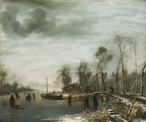 Un paisaje invernal con patinadores y jugadores de colf en un canal congelado, 1653