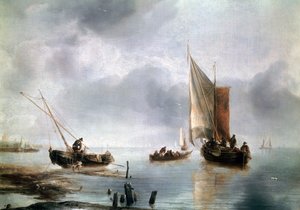 Un pequeño barco en vientos ligeros y otro encallado, ca 1650-1660, por Jan van de Cappelle, óleo sobre lienzo de Jan van de Capelle or Cappelle