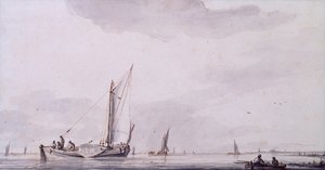 Pescadores y veleros en un estuario en calma (pluma, tinta y aguada) de Jan van de Capelle or Cappelle