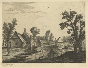 Vista del pueblo con mujer y niño en la calle del pueblo de Jan van de Cappelle (attributed to)