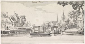 Barcos en un embarcadero en un pueblo Playsante paisajes y caras divertidas (título de la serie) de Jan van de Velde (II)