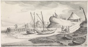 Barcos en la orilla del río Playsante paisajes y caras divertidas (título de la serie) de Jan van de Velde (II)