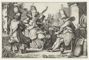 Elegante compañía, haciendo música en un jardín