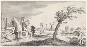 Familia en una casa con una ciudad al fondo Playsante paisajes y caras divertidas (título de la serie) de Jan van de Velde (II)