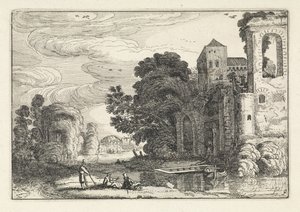 Figuras en un castillo junto a un río. Paisajes (título de la serie) Amenissimae aliquot requculae (título de la serie) de Jan van de Velde (II)