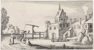 Figuras en un puente levadizo para un pueblo con una torre de iglesia Playsante paisajes y caras divertidas (título de la serie) de Jan van de Velde (II)