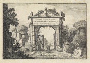 Figuras en una puerta en un paisaje. Paisajes (título de la serie) Amenissimae aliquot requculae (título de la serie en el objeto) de Jan van de Velde (II)