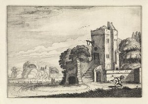 Figuras con una canasta de pájaros cerca de una torre en un paisaje Paisajes (título de la serie) Amenissimae aliquot requculae (título de la serie) de Jan van de Velde (II)