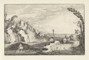 Carro cubierto en un camino en un paisaje montañoso del río Paisajes (título de la serie) Amenissimae aliquot requculae (título de la serie) de Jan van de Velde (II)