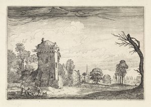 Cazadores con perros en una torre en un paisaje Paisajes (título de la serie) Amenissimae aliquot requculae (título de la serie) de Jan van de Velde (II)