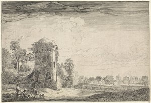 Cazadores con perros cerca de una torre en un paisaje
Paisajes (título de la serie)
Amenissimae aliquot requculae (título de la serie) de Jan van de Velde (II)