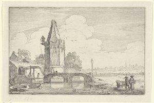 Paisaje con una torre y un puente sobre el río Niers Paisajes (título de la serie) Amenissimae aliquot requculae (título de la serie) de Jan van de Velde (II)