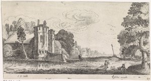 Paisaje con figuras en una casa fortificada con dos torres de Jan van de Velde (II)