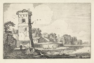 Pont con ovejas en una torre en un paisaje de río Paisajes (título de la serie) Amenissimae aliquot requculae (título de la serie)