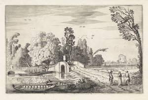 Paisaje de río con un puente de piedra. Paisajes (título de la serie) Amenissimae aliquot requculae (título de la serie) de Jan van de Velde (II)