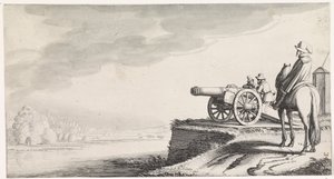 Jinete y dos soldados por un cañón en la orilla del río Playsante paisajes y caras divertidas (título de la serie) de Jan van de Velde (II)