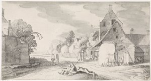 Granjeros que descansan a lo largo de un camino en un pueblo Playsante paisajes y caras divertidas (título de la serie) de Jan van de Velde (II)