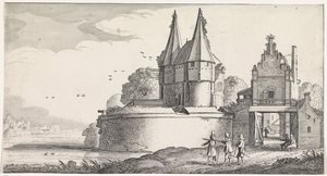 Soldados en una fortaleza y puerta de la ciudad junto a un río. Playsante paisajes y caras divertidas (título de la serie) de Jan van de Velde (II)