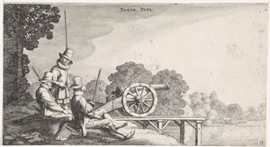Soldados por un cañón en un embarcadero del río Playsante paisajes y caras divertidas (título de la serie) de Jan van de Velde (II)