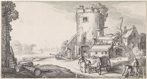 Soldados en una torre en un paisaje fluvial Playsante paisajes y caras divertidas (título de la serie) de Jan van de Velde (II)