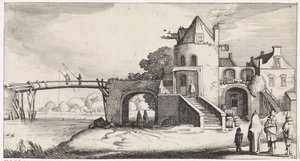 Casa de peaje con puente de madera sobre el río Playsante paisajes y caras divertidas (título de la serie)