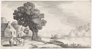 Transporte de heno en un río con Haarlem en la distancia Playsante paisajes y caras divertidas (título de la serie)