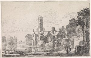 Dos monjes en una abadía en un paisaje fluvial Paisajes fluviales (título de la serie) de Jan van de Velde (II)