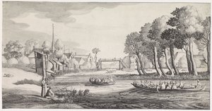 Dos botes de remos en un río cerca de un pueblo Playsante paisajes y caras divertidas (título de la serie) de Jan van de Velde (II)