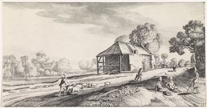Bifurcación de camino en un molino de agua Playsante paisajes y caras divertidas (título de la serie) de Jan van de Velde (II)