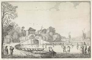 Paisaje invernal con patinadores en un puente. Paisajes (título de la serie) Amenissimae aliquot requculae (título de la serie) de Jan van de Velde (II)