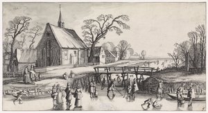 Paisaje invernal con patinadores cerca de un pueblo. Playsante paisajes y caras divertidas (título de la serie)