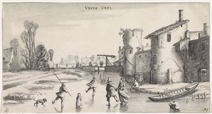 Paisaje invernal con patinadores junto a una muralla de la ciudad. Paisajes agradables y vistas divertidas (título de la serie)