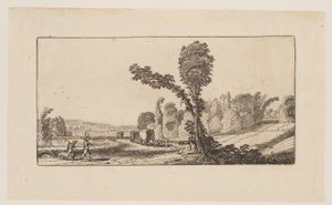 Paisaje con cazadores y carros de heno, de Seis paisajes de Jan van de Velde II