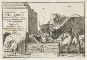 animales junto a una fuente Título impreso de una serie de grabados que representan animales. Animales (título de la serie) Zoographiam (título de la serie sobre el objeto)