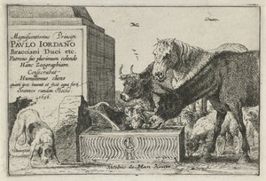animales junto a una fuente Título impreso de una serie de grabados que representan animales. Animales (título de la serie) Zoographiam (título de la serie sobre el objeto)