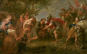 Jacob conoce a su hermano Esaú (óleo sobre lienzo) de Jan van den Hoecke