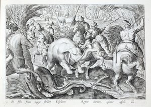 Los elefantes hacen un gran ruido al ser golpeados por las lanzas de los cazadores, ilustración de 