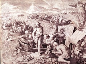 Pesca de ostras. Siglo XVII. Grabado por Giovanni Stradano (Jan Van Der Straet) (Johannes Stradanus) (1523-1605) de Jan van der Straet