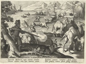 Marineros en un horrible país bárbaro matan camellos con mosquetes para aliviar su hambre, ilustración de 